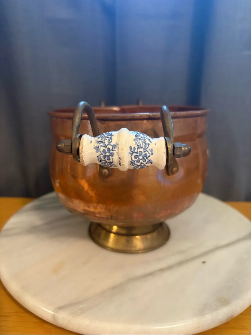 Antique Copper Two-Handled Planter with Porcelain Accents